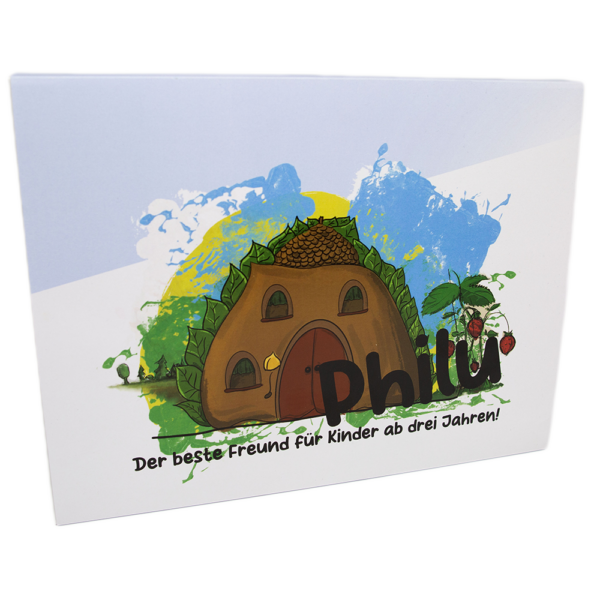 Eine bunte Schachtel mit einer braunen Hausillustration mit dem Text „Philu“ und „Der beste Freund für Kinder ab drei Jahren!“. Philu - Der beste Freund für Kinder ab drei Jahren, ist die perfekte Ergänzung für die Spielzeit jedes Kindes.